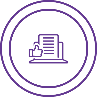Icon of a document with a thumbs-up in front of a laptop, encircled by three concentric rings, symbolizing the holistic approval akin to a Certified Sound Healer's harmony.