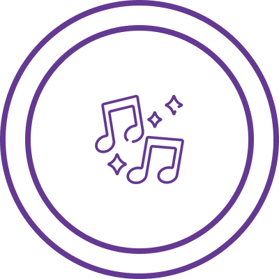Three concentric circles with musical notes and sparkles in the center evoke the harmonious touch of a Certified Sound Healer.