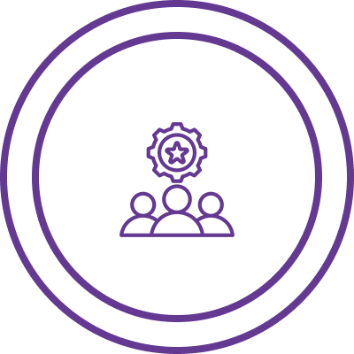 Icon of three people beneath a gear with a star inside, encircled by two concentric rings, symbolizing a Certified Sound Healer's harmony and balance.