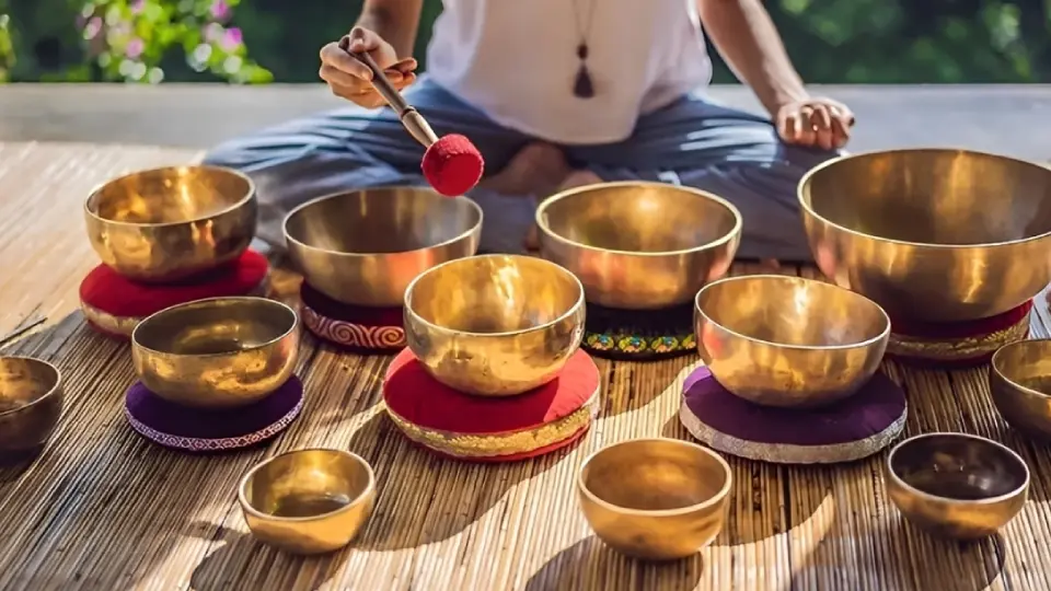Person playing singing bowls with a mallet.