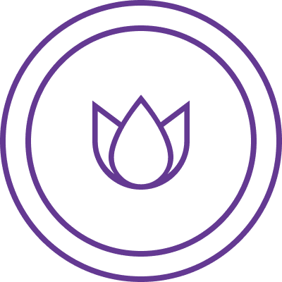 A purple flower bud features a circular design inside two concentric circles, reminiscent of the harmony found in sound healing therapy, all set against a transparent background.