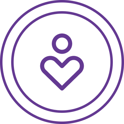 Purple line art icon of a person above a heart, enclosed in two concentric circles, symbolizing the harmony and balance found in Sound Healing Therapy.