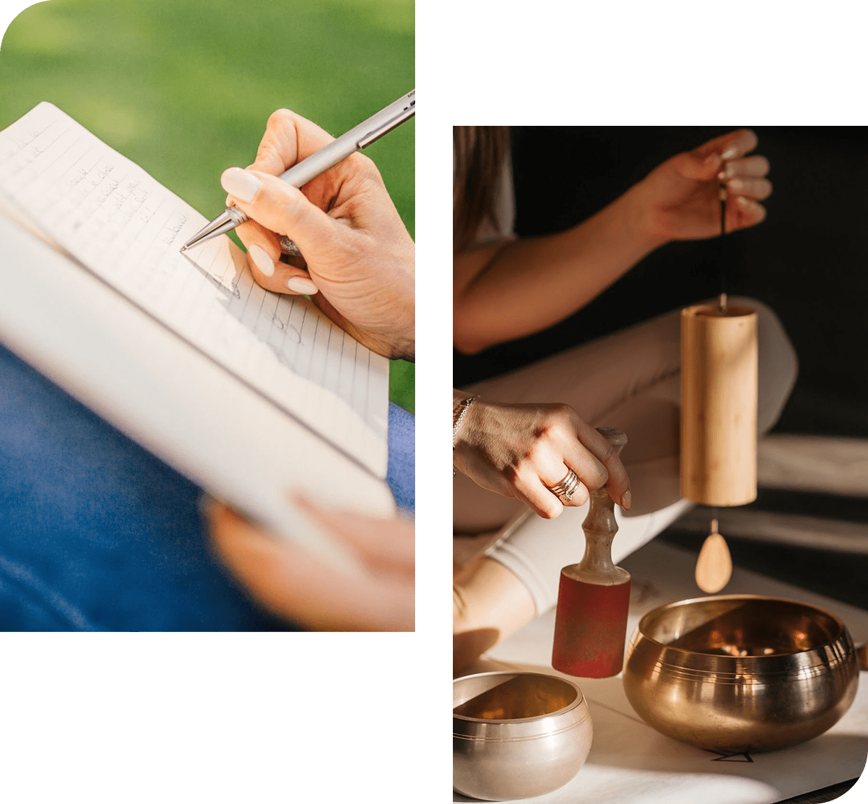 A person writes in a notebook on the left, while on the right, another engages in sound healing therapy by playing a singing bowl with a mallet.