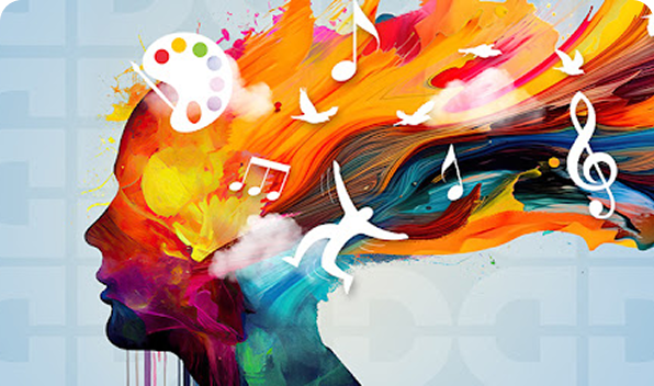 Silhouette of a head with colorful paint strokes, music notes, a palette, birds, and a dancer, symbolizing creativity and artistic expression intertwined with the soothing essence of sound healing therapy.