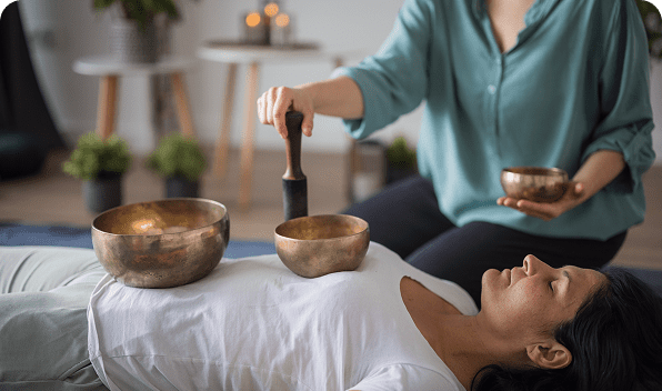 In a serene indoor setting, a person relaxes with singing bowls on their chest as another gently holds a smaller bowl and striker, creating a harmonious atmosphere that embodies the essence of sound healing therapy.