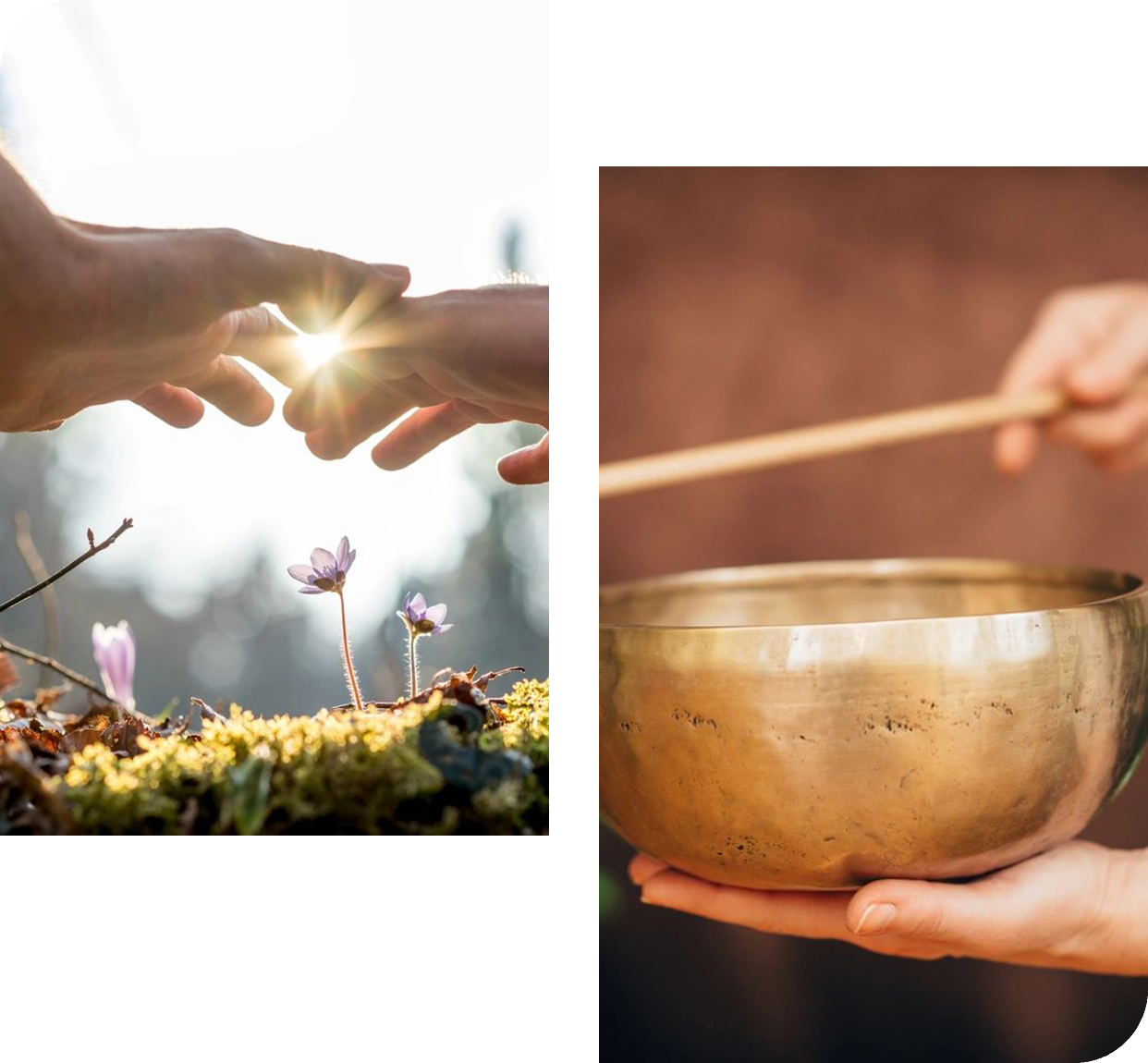 0s Hands gently touching with sunlight and a person playing a singing bowl.