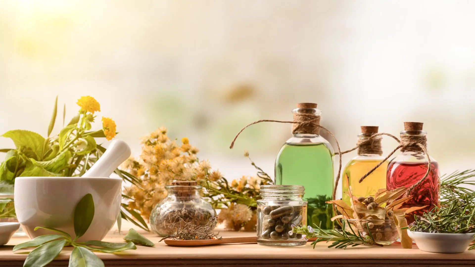 11.GettyImages-1192284372 Aromatic spa oils and herbs arranged on a wooden surface.