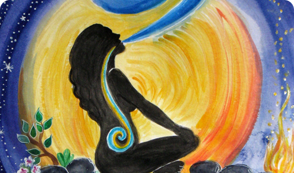 Silhouette of a meditating woman with swirling colors.