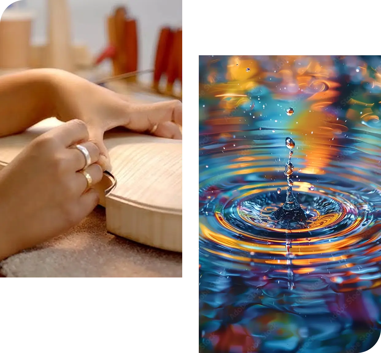Hands crafting wooden instrument beside colorful water splash